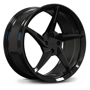 Custom forged 5 spoke black aluminum wheel designed for Ford Mustang 4 lug setups.